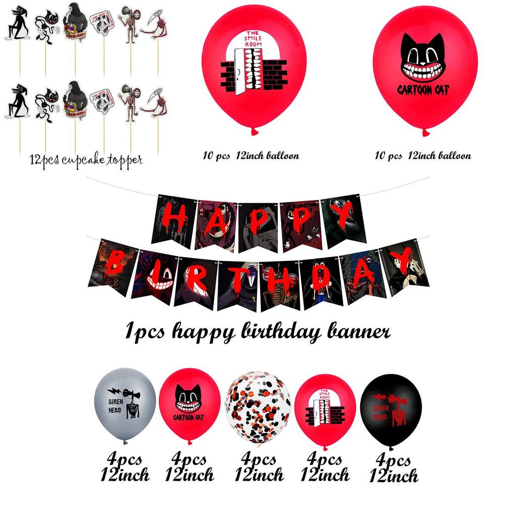 Siren Head Cartoon Cat Horror Theme Birthday Party Balloon Banner Cake Topper Set