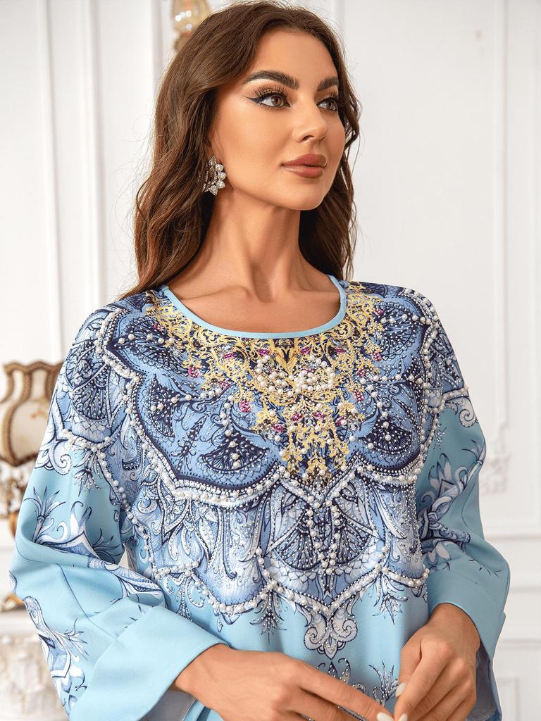 ZD024 Elegant Beaded Muslim Print Abaya Dress with Round Neck