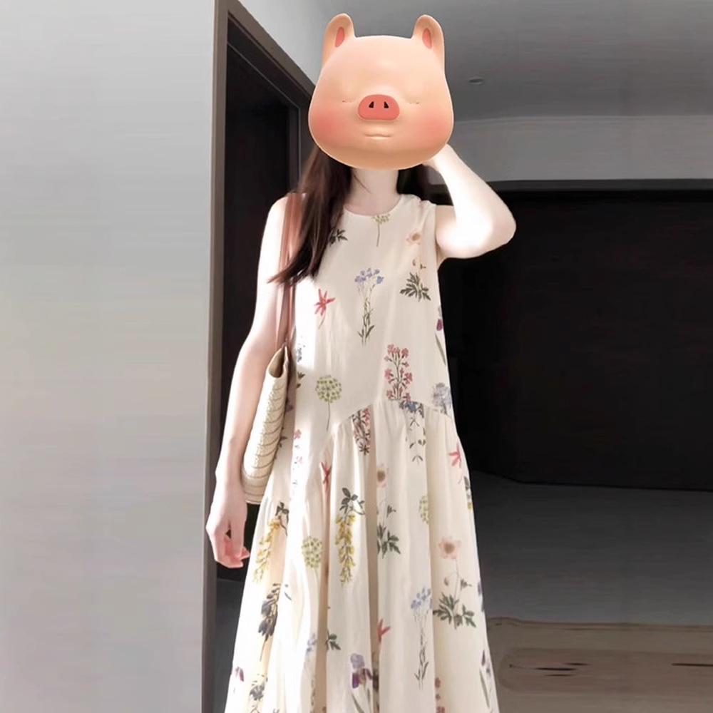 French Floral Sleeveless Round Neck Dress - Loose, Slimming Vacation Style for Female Students