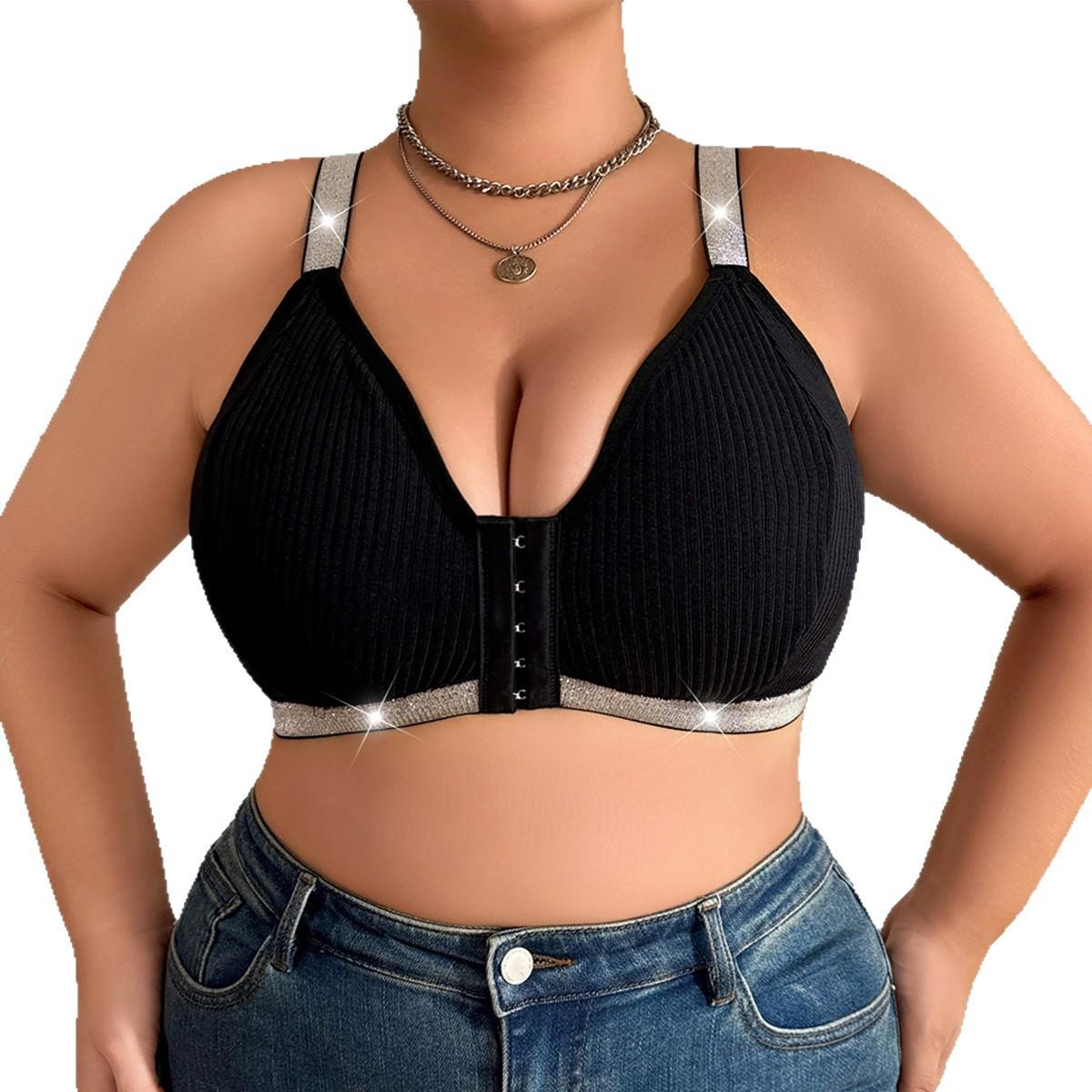 

Women Plus Size Ribbed Glitter Strap Front Closure Wireless Deep V Bra 1XL чёрный