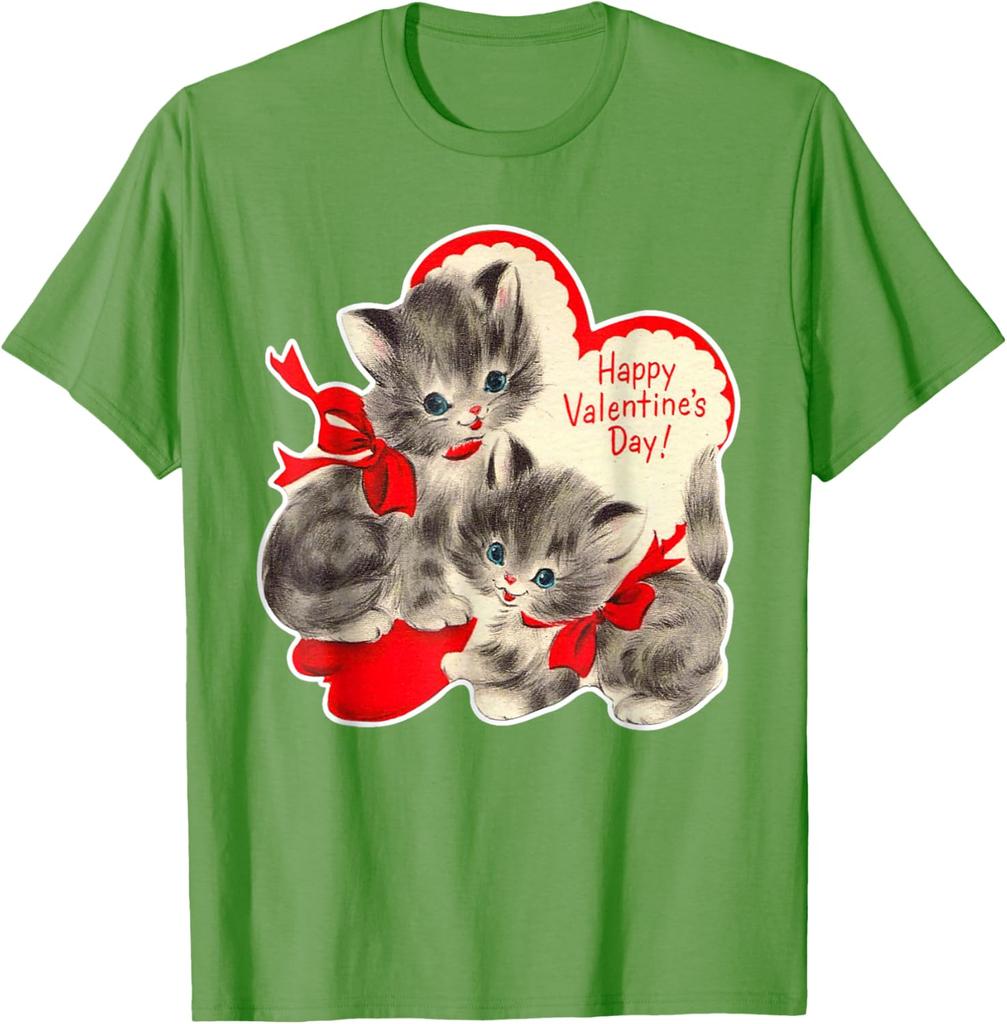 Vintage Kitten Valentine Graphic T-Shirt Retro Holiday Print Soft Cotton Casual Daily Tee