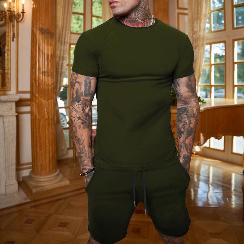Summer Men's European American Loose Solid Color Short Sleeve & Shorts Set - Trendy Youth Casual Two-Piece