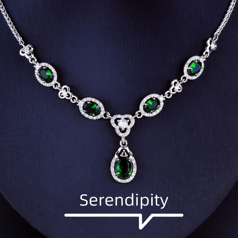 Luxury Emerald Necklace Set with Simulated Sky Blue Topaz and Full Diamond Ruby Pendant
