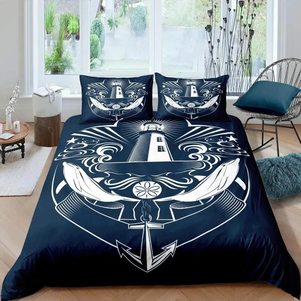 Nautical Anchor Duvet Cover Set Vintage Sail Boat Lighthouse Bedding Set Conch Starfish Seashell Ocean Wave Comforter Cover King