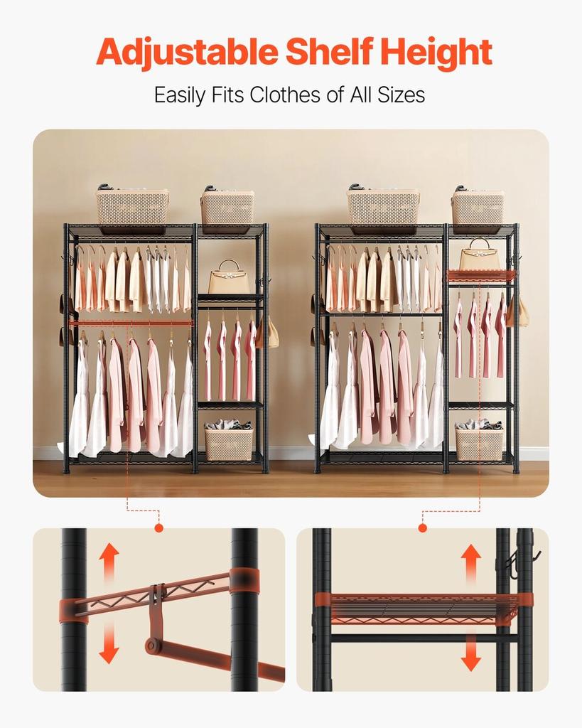 Clothing Garment Rack, Heavy Duty Clothes Rack, 6 Adjustable Tiers Clothes Racks with Steel Frame, 363 kg Load Capacity Closet Wardrobe with 3 Hanging