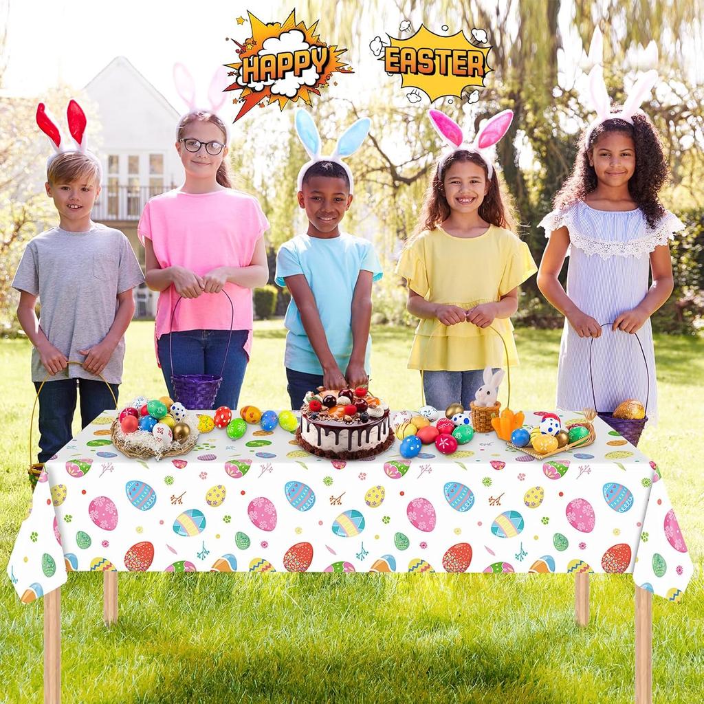 2 Pack Easter Tablecloth - Colorful Easter Eggs Table Cloth, Plastic Disposable Rectangle Spring Easters Egg Table Cover for Easters Tables