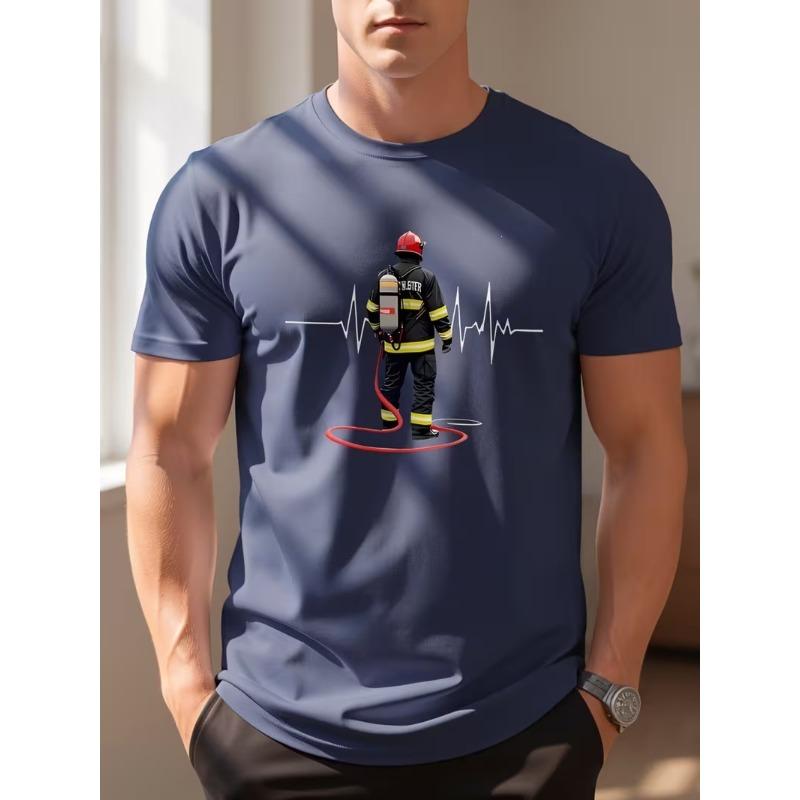 Men Summer T-shirt Firefighter Heartbeat ECG Graphic Print Short Sleeve O-neck Casual Tee Fireman Hero Gift Breathable Tops