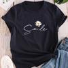 Blumen- & Buchstaben-Print Rundhals-T-Shirt Lässiges Kurzarm-T-Shirt für Sommer Damenbekleidung Bequeme Weiche Kreative Oberteile