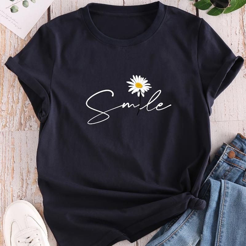 Blumen- & Buchstaben-Print Rundhals-T-Shirt Lässiges Kurzarm-T-Shirt für Sommer Damenbekleidung Bequeme Weiche Kreative Oberteile