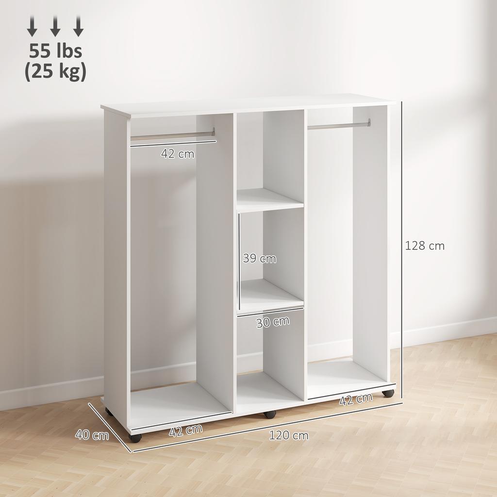 Wardrobe Closet Mobile Storage Furniture 6 Wheels 120 X 40 X 128 Cm In White Wood