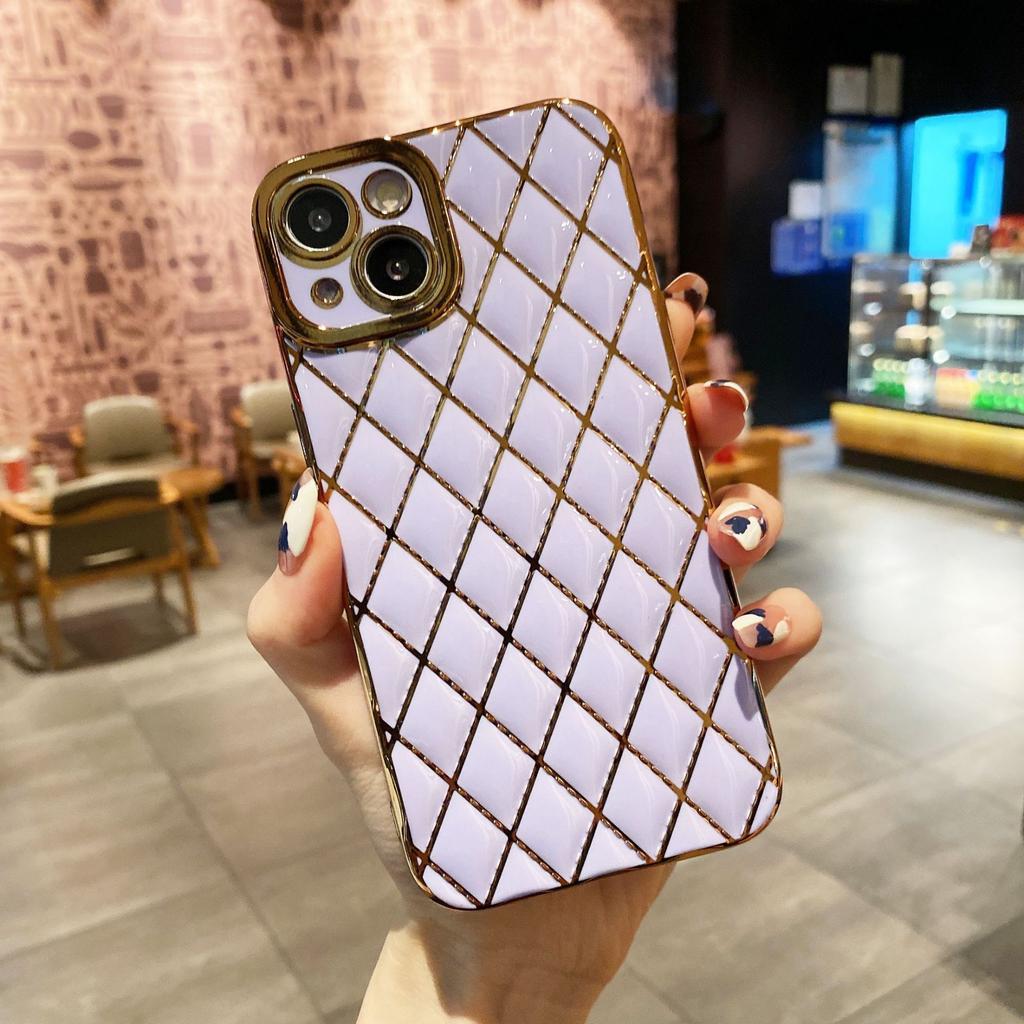 For iPhone 15 Case Rhombus Pattern 6D Electroplated Protective Back Shell