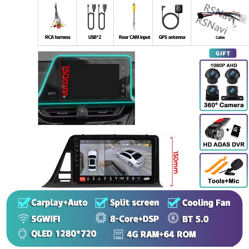 Android 14 Carplay Auto For Toyota C-HR 2016 - 2020 Car Radio Player Multimedia Stereo 360 Camera Navigation Video AI Voice GPS