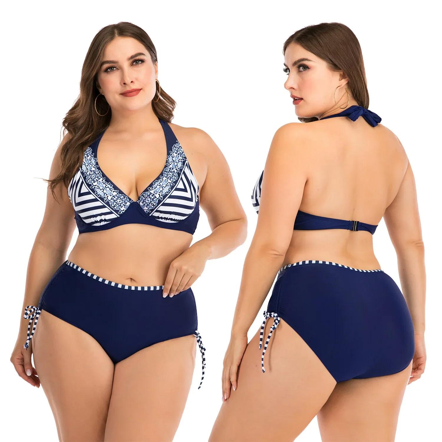 

New 2025 Thick Women Swimsuit Plunging Bikini Set Big Breast Backless Swimwear Halter Beach Wear Biquinis Bathing Suit 4XL 4XL бежевий