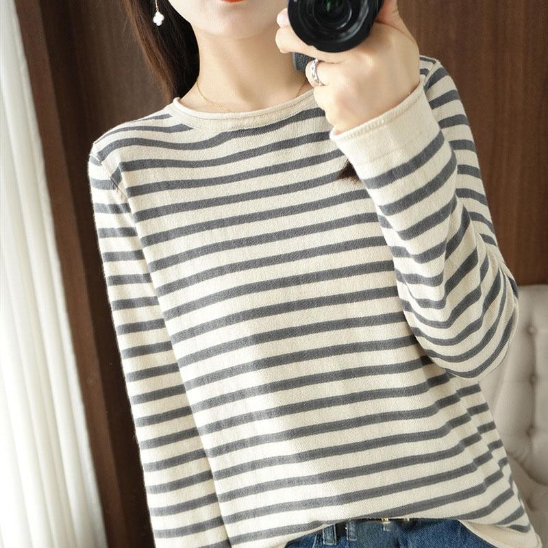 Women Cotton Sweater Curled O-neck Strip Pullover Autumn Winter Casual Knit Clothing Fashion Soft Bottoming Sweater Tops