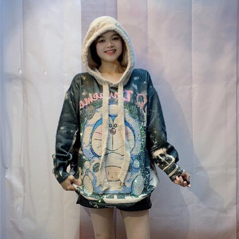 Doraemon Hooded Sweater - Women's 2025 Fall/Winter Edition, Heavy Hot Drill, Long Sleeve, Lazy Style