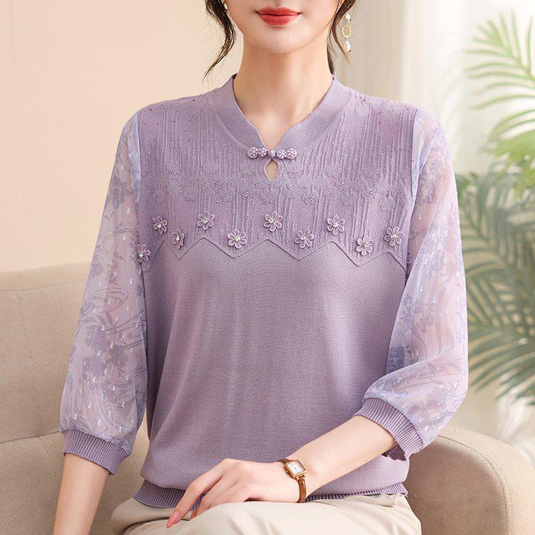 Elegant Lace-Trimmed Seven-Sleeve T-Shirt for Mid-Aged and Elderly Women - Stylish, Comfortable, Slimming Fit