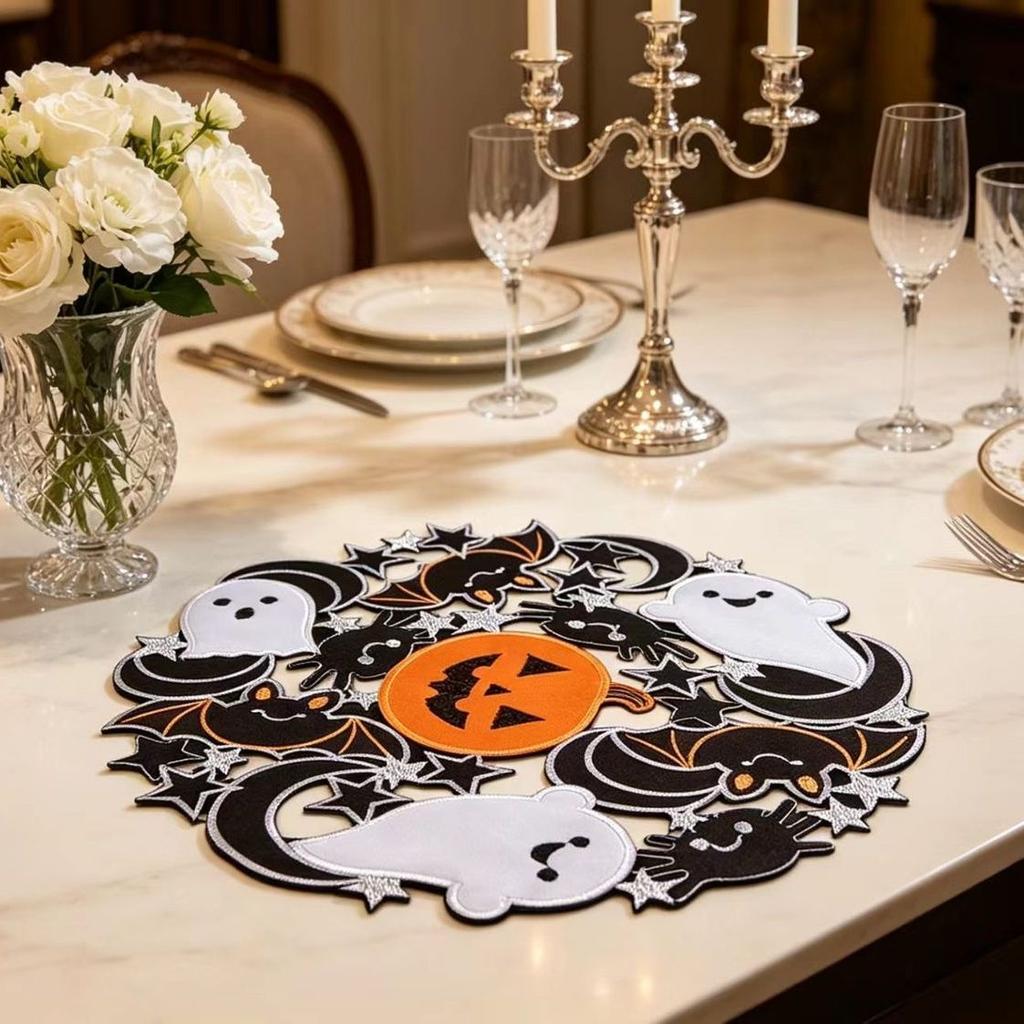 35x88cm Halloween Table Runner Pumpkin Ghost Bat Spiderweb Embroidered Tablecloth Vintage Fall Dining Party Cabinet Decor