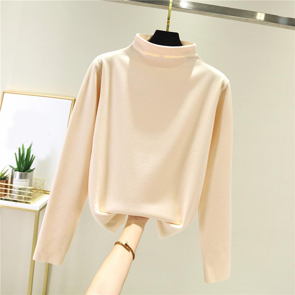 Women's Thick Fleece Base Shirt With Warm Inner Layer And Seamless Long Sleeved T-shirt Half High Neck Top