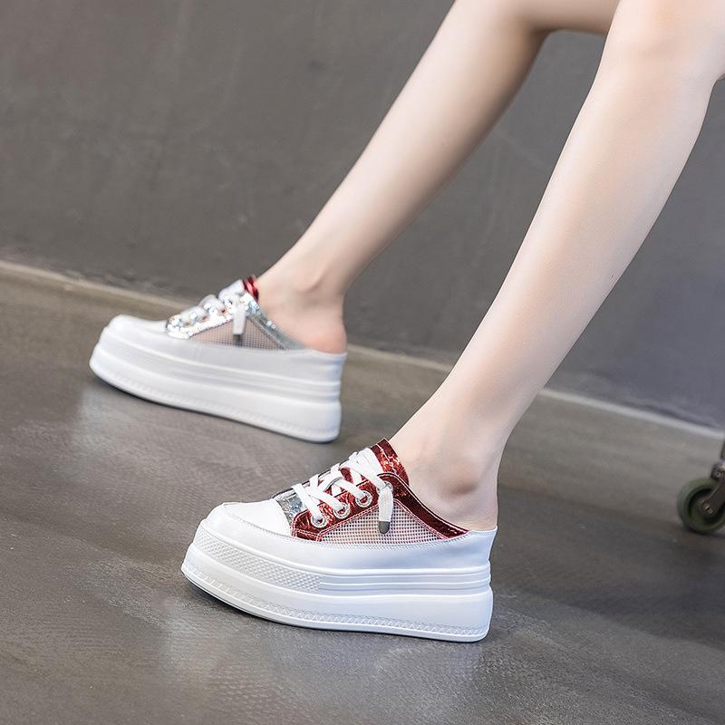 Casual Women's Shoes Summer New Half Slippers Bag Head Outer Wear Heightening Sandals Mesh Yarn Breathable Thick-soled Muffin Shoes Trendy