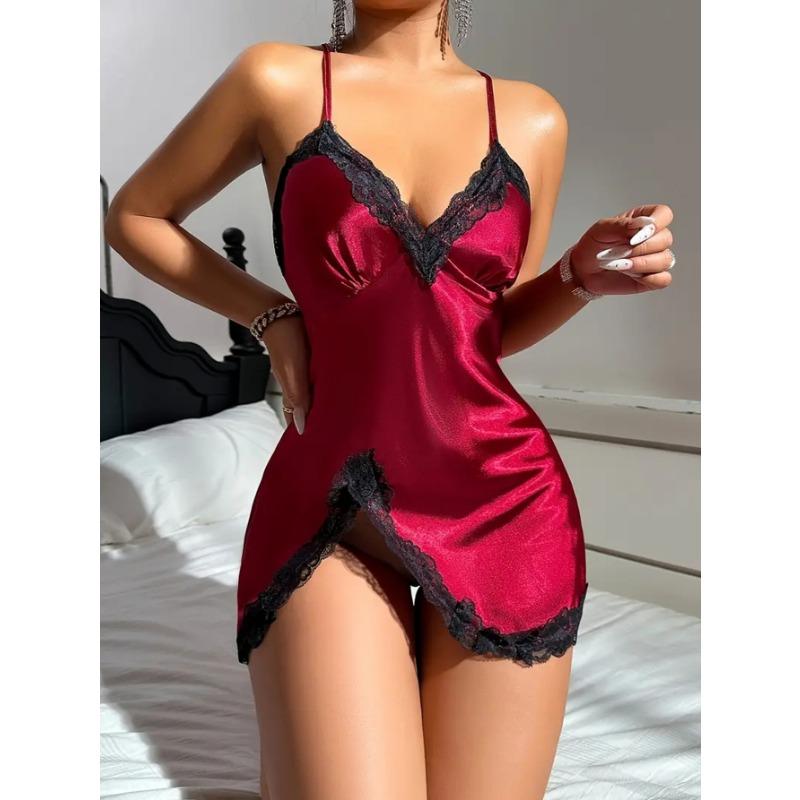 1 Pc Solid Satin Lace Trim Nightgown, Sexy V Neck Side Split Cross Strappy Backless Mini Slip Dress, Women's Sleepwear 140/150g