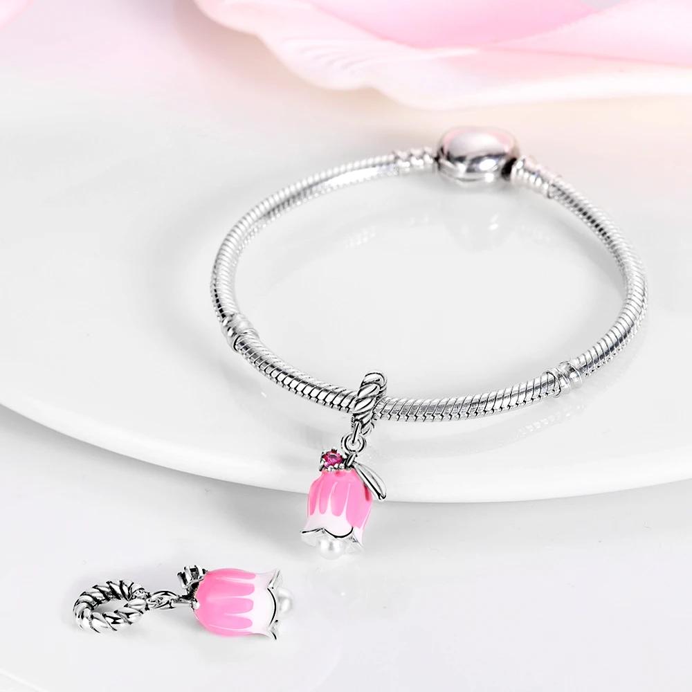 Authentic Charm Bead Charms copper Plated Certified Cute Pet Pink Carnation Bead Charms Compatible With Bracelets Women Jewellery Making Diy