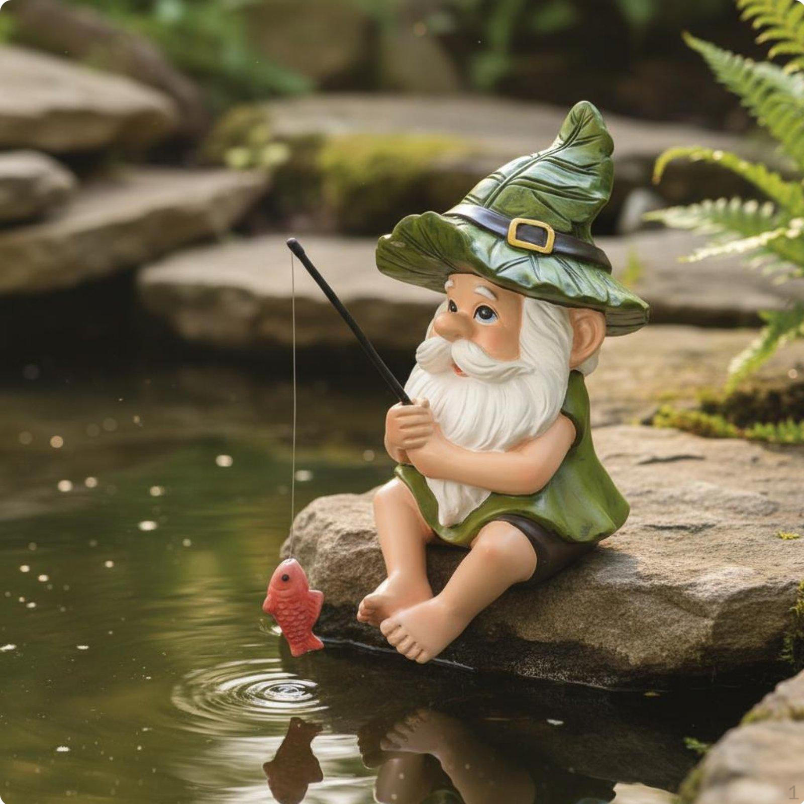Fishing Gnome Statue Weather Resistant Dwarf Figurine Resin Fairy Garden Sculpture for