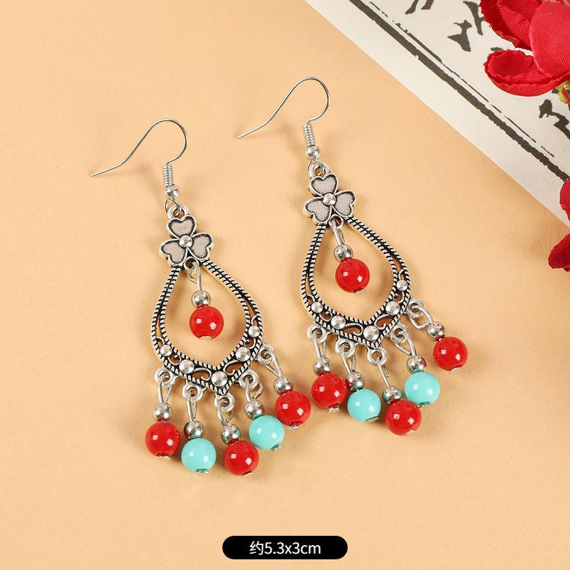 Retro Ethnic Style Earrings Women's Red Long Fringed Bohemian Earrings Yunnan Vacation Exotic Wind Ears