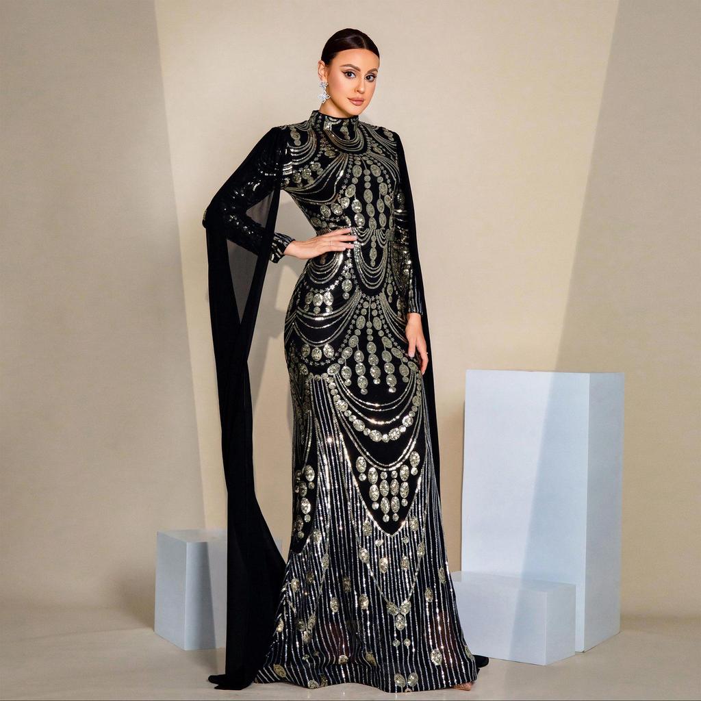 Elegantes grenzüberschreitendes Pailletten-Abendkleid mit langen Ärmeln für Damen
