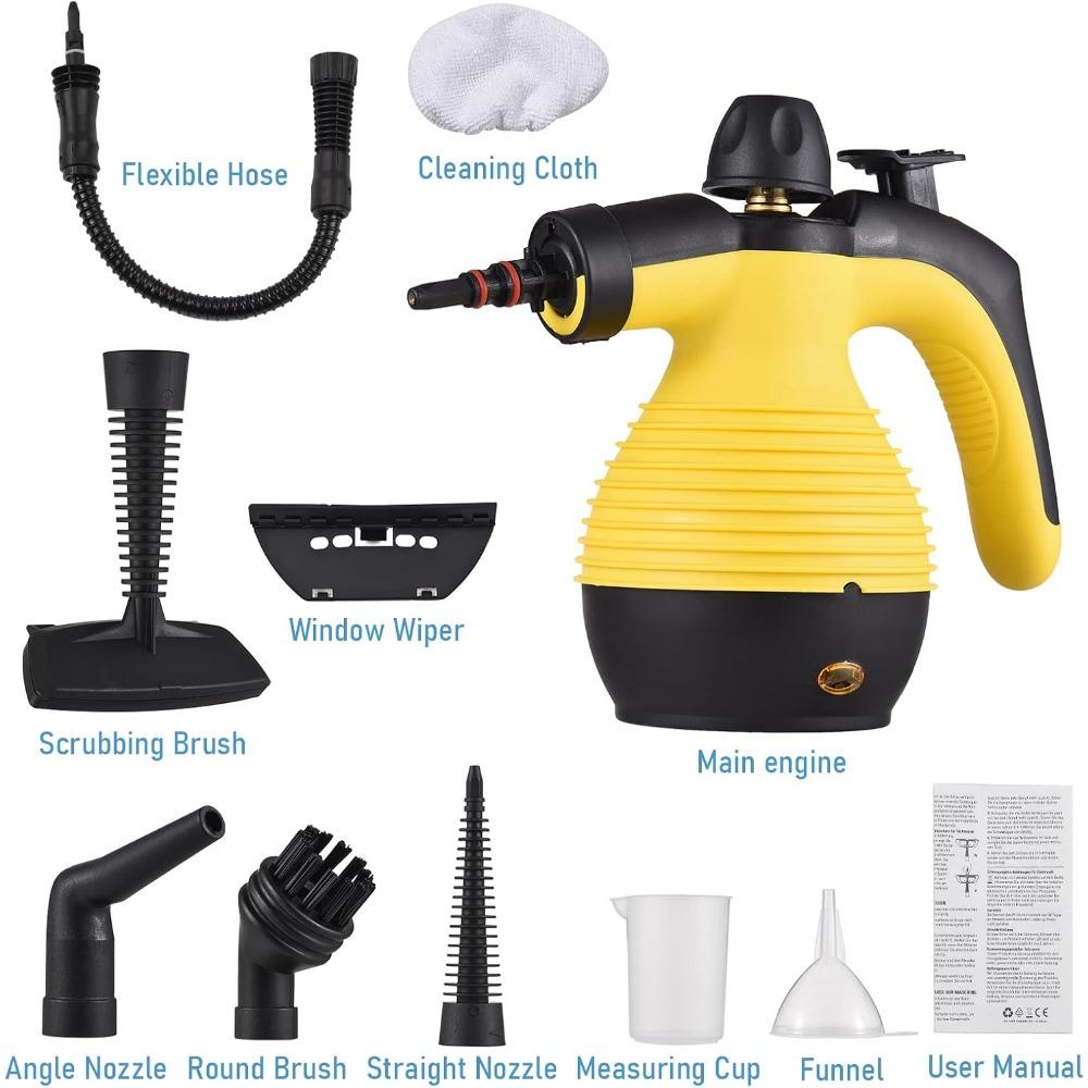 Pulitore a Vapore Portatile, Macchina Multifunzione per Pulizia a Vapore ad Alta Temperatura Pressurizzata da 1050W con 9 Pezzi di Accessori, 110V (Giallo1)
