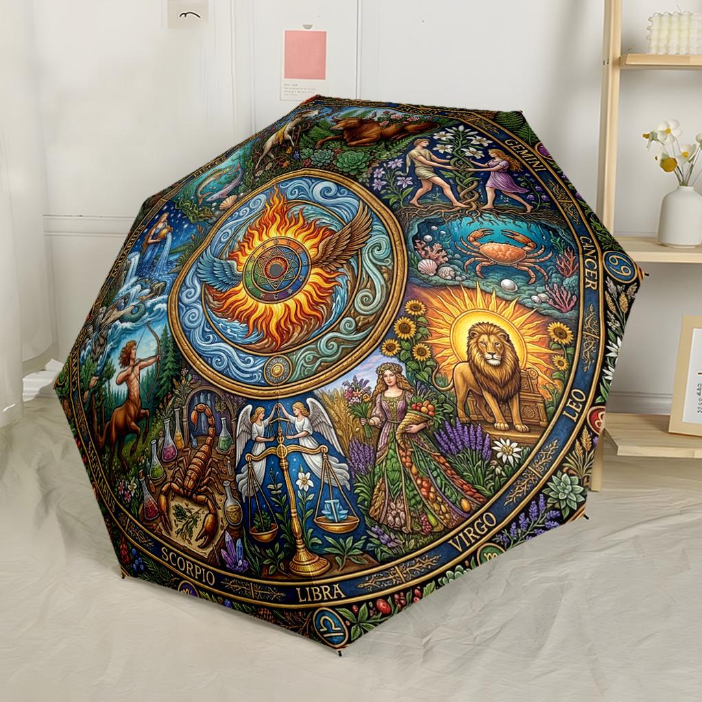 Astrological Horoscope Symbols Compact Travel Automatic Umbrella Retractable Design with 8-Rib Durability Compact Design Travel Essential