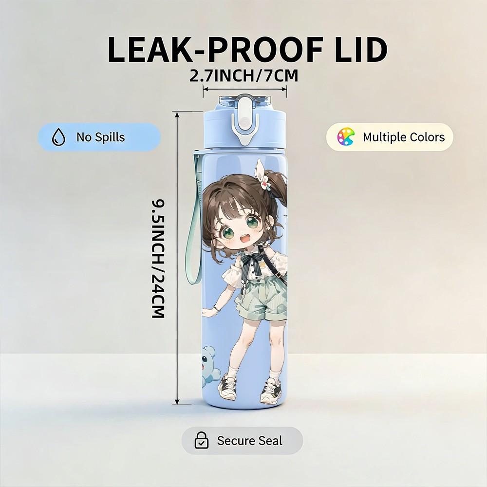 1PC Ponytail Girl Leaf Foliage Pattern 750ml Color Plastic Sports Water Bottle Leakproof Flip Straw Lid Suitable for Sports Office Home Use