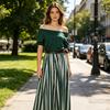 Women's Summer Vacation 2 Piece Skirt Sets Off Shoulder Short Sleeve Top And Striped Flowy Maxi Skirt Casual Travel Outfits with Belt