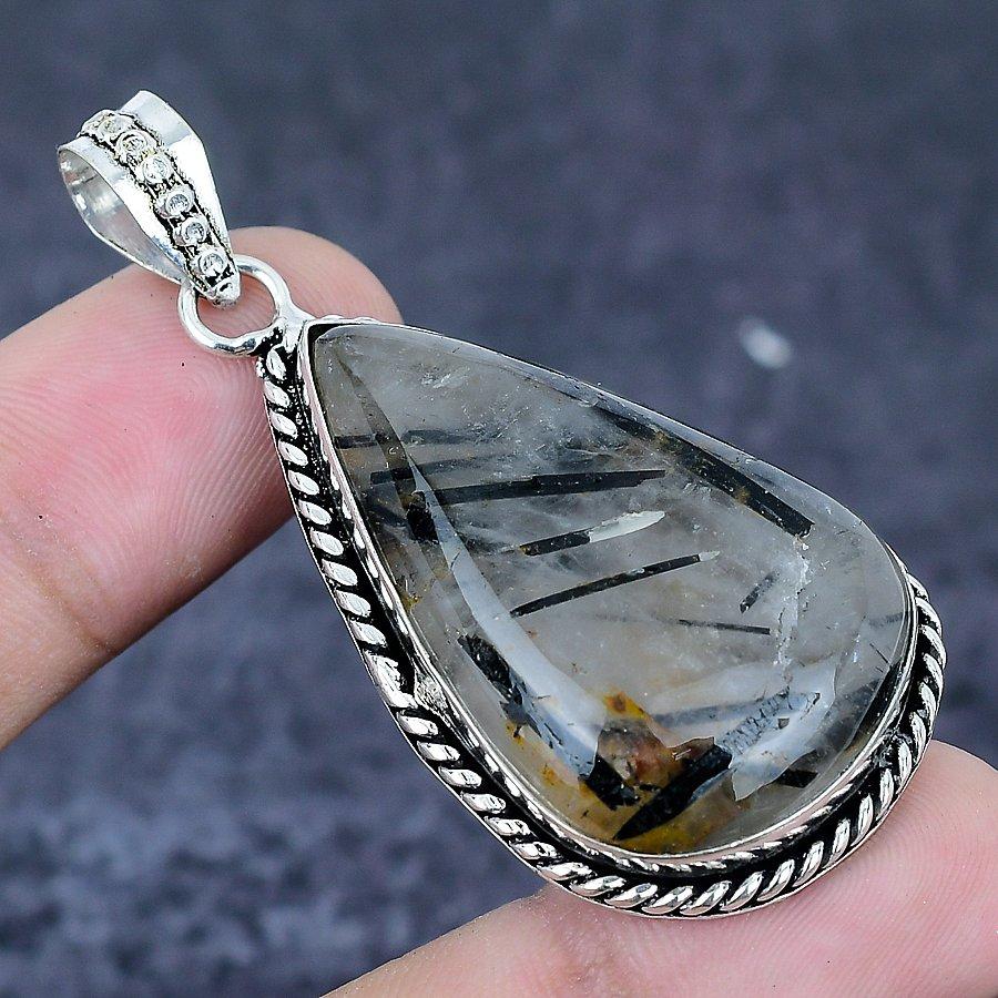 Black Rutile Gemstone 925 Sterling Silver Jewelry Pendant 2.25"