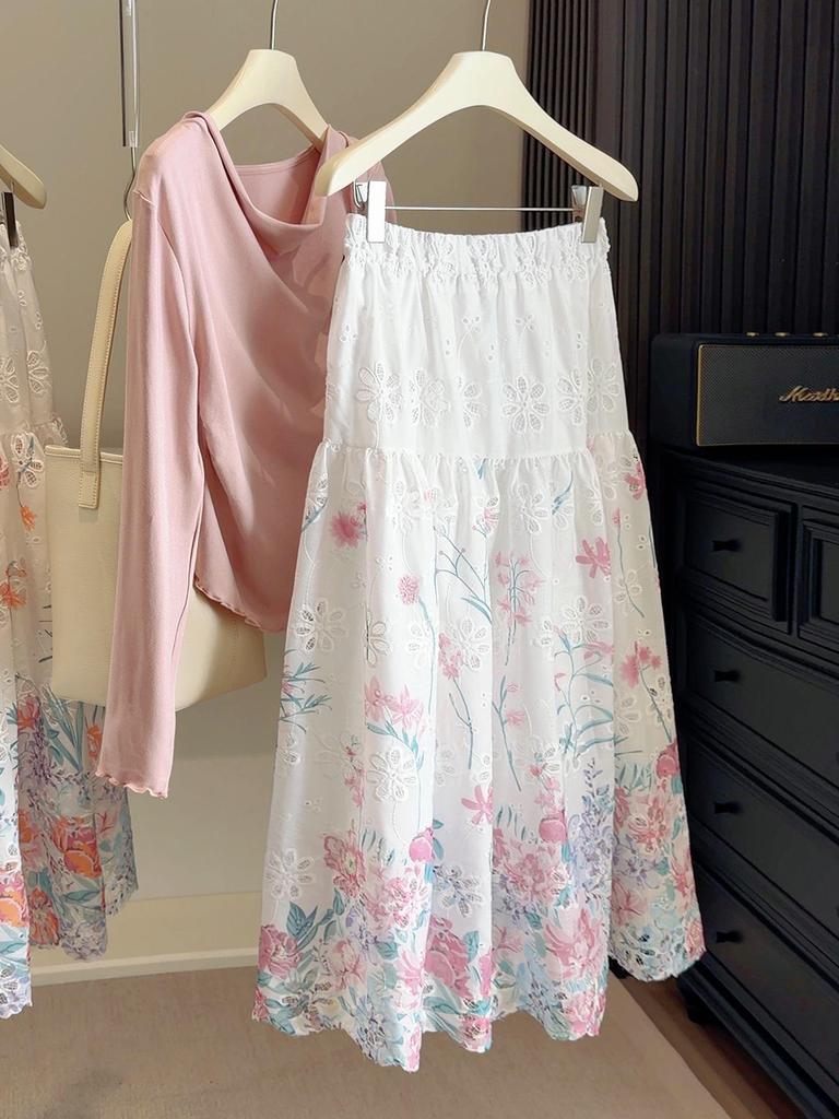 Women's A-Line Heavy Embroidered Hollow Flower Mid-Length Skirt - Versatile and Casual for Spring/Autumn 2026