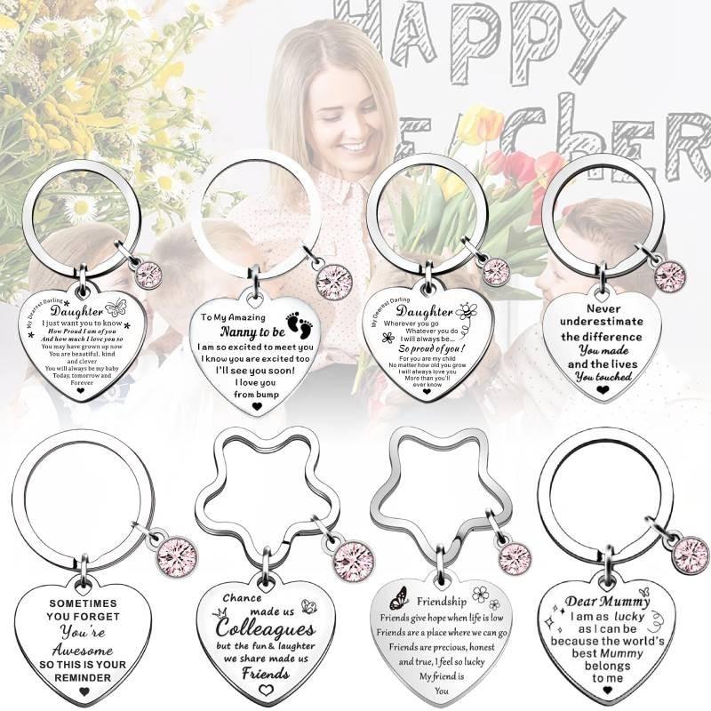 Delightful Stainless Steel Heart Keychain With Pink Blue Gem For Birthday Gift