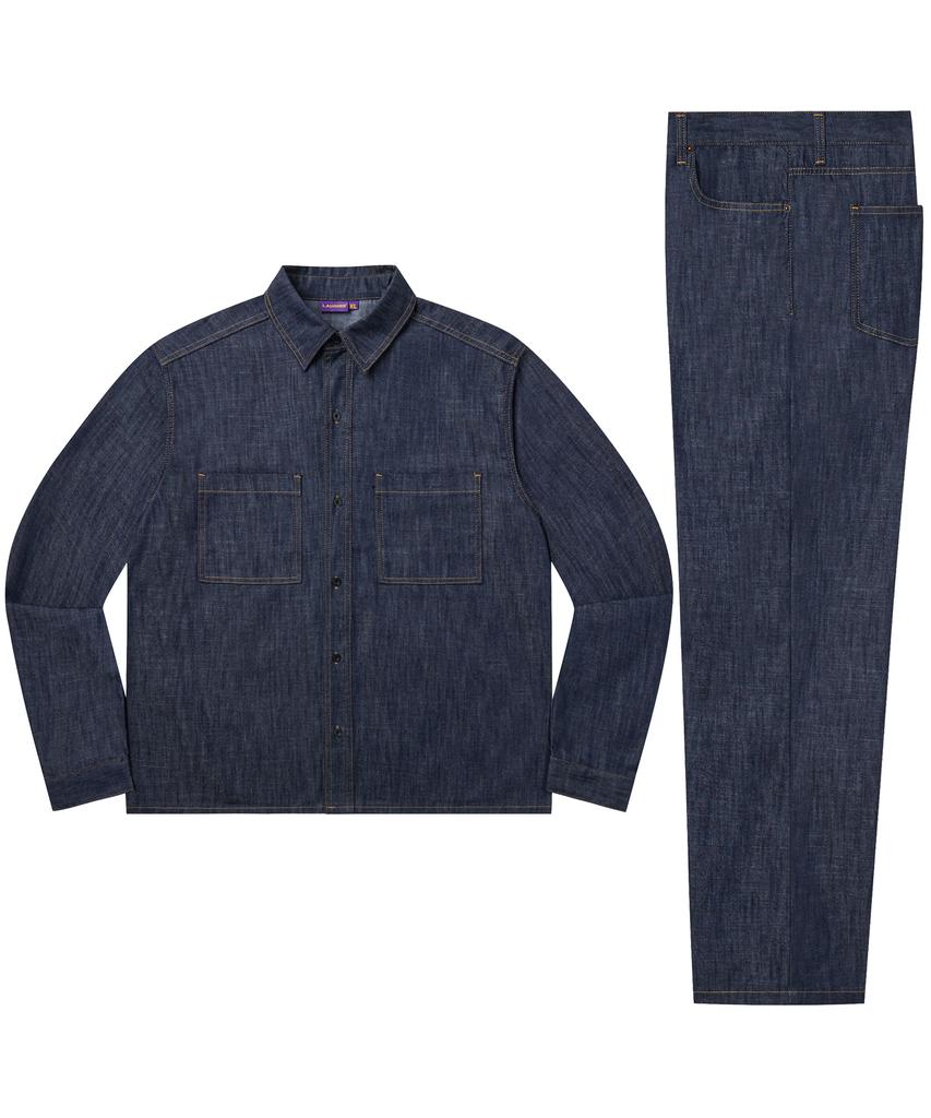 Lapper [Set][Summer][Non-Fade] Denim Work Shirt Long Sleeve Set-Up Ver.1 - Deep Blue