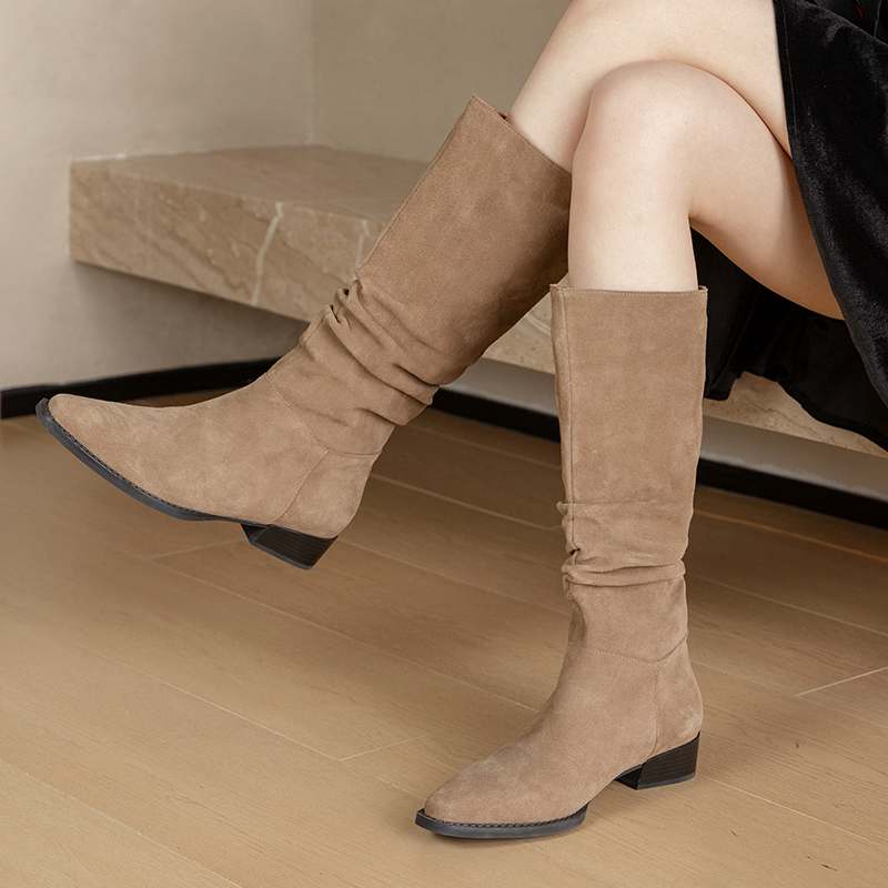 Krazing Pot Cow Suede Autumn Winter Shoes Round Toe Size 40 Med Heels Slip on Western Boots Women thigh high Boots