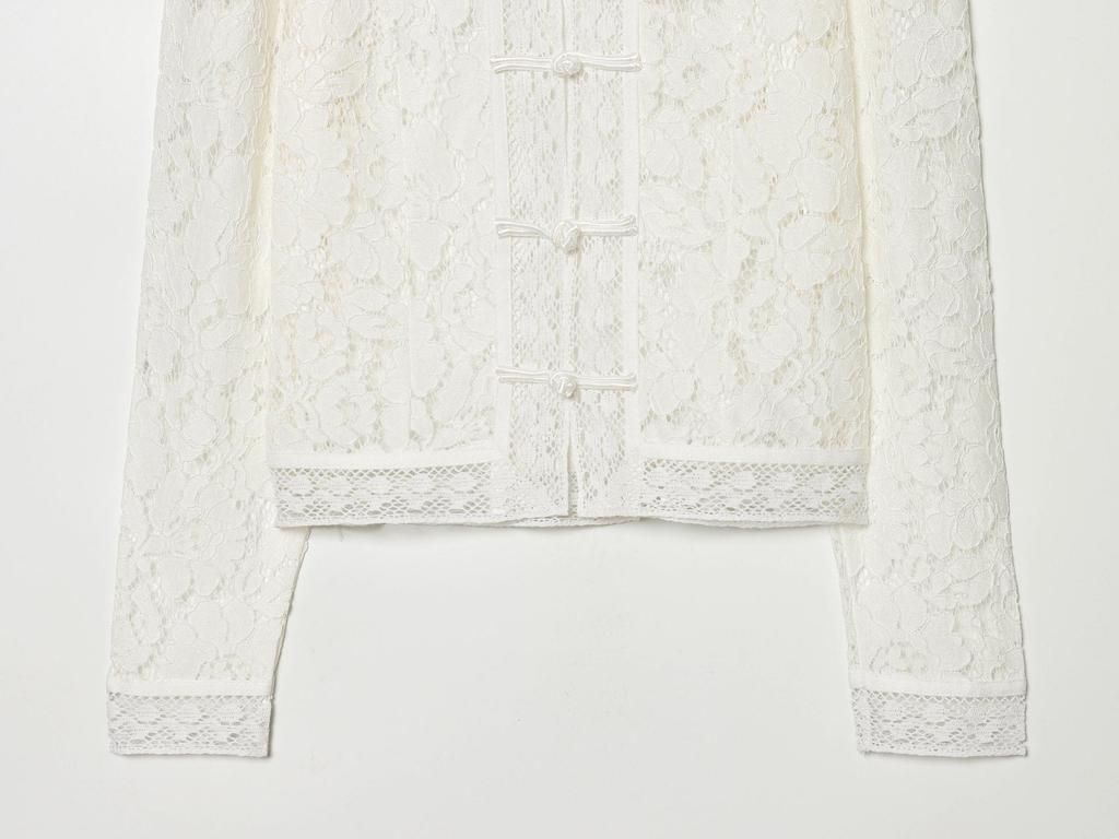 Elegant French Design Women's Lace Crochet Blouse with Stand Collar and Frog Button Detailing