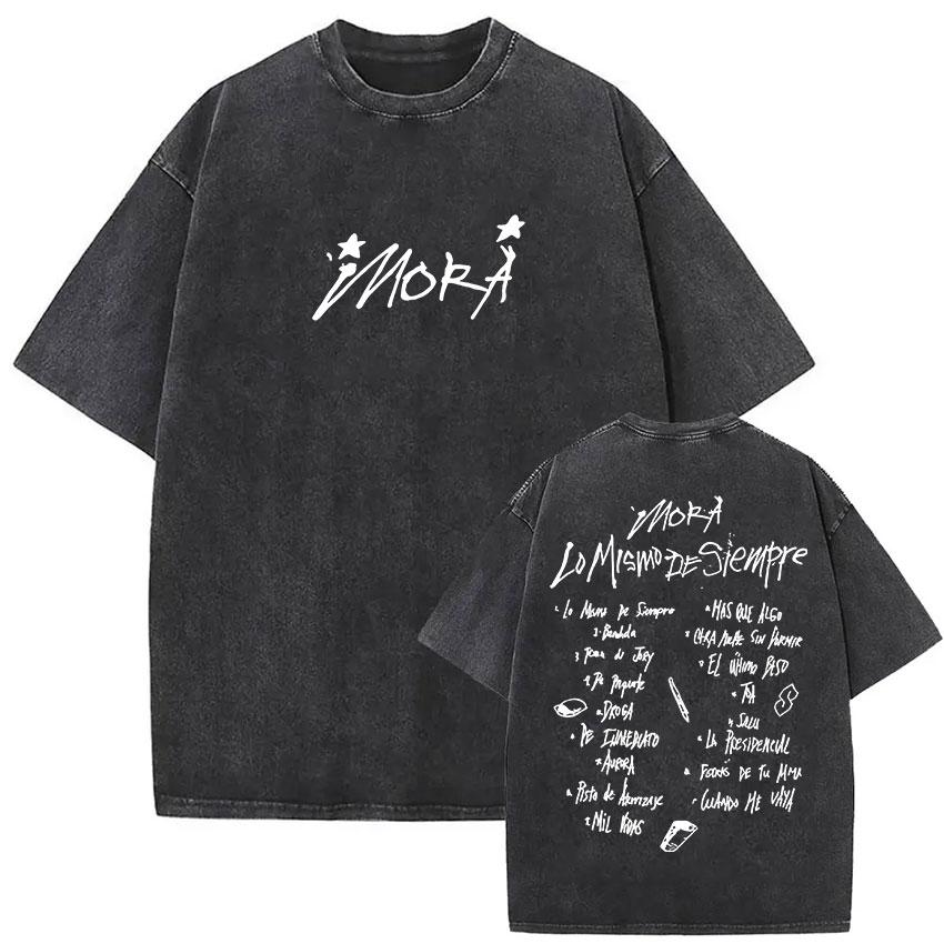 Vintage Washed Mora Lo Mismo De Siempre Album Letter Print TShirt Mens Women High Quality Fashion Oversized Cotton T Shirts