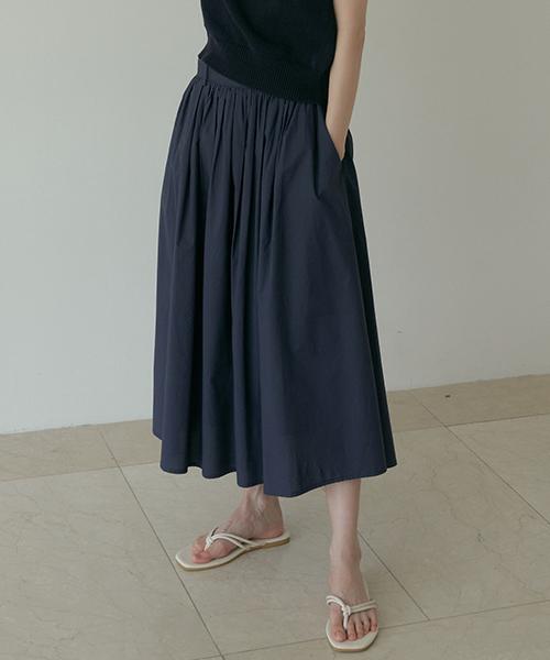 Lingseoul Rayon Blended Shirring Skirt-Navy