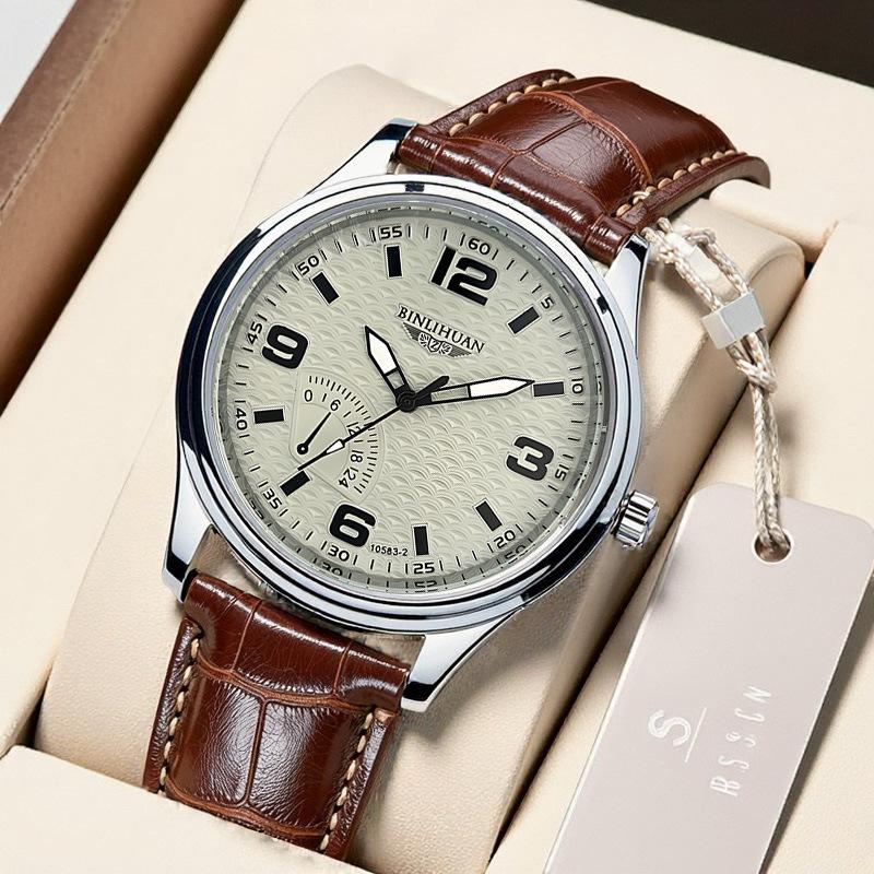 Men's Quartz Movement Clock Leather Strap Watch Number Wristwatch