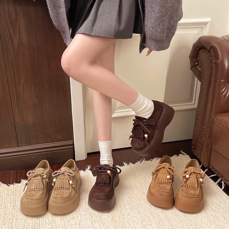 [Armano] Platform Women's All-inclusive Lace-up Heightening Kangaroo Shoes Summer and Autumn 2025 New Loafers Small Leather Shoes