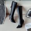 Schwarze Elegante Absatzschuhe mit Spitzer Zehenpartie Kniehoher Schaft Damenschuhe Herbst Winter Leder Gothic Bequem Arbeit Lange Stiefel für Damen