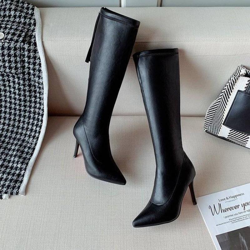 Fashion Black Elegant Heeled Pointed Toe Knee High Shaft Shoes Woman Autumn Winter Leather Gothic Comfortable Work Long Boots for Women