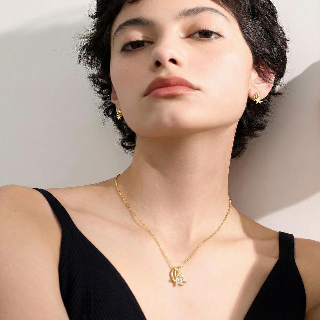 Moissanite Earrings Pendant Necklace Jewelry Set 18K Gold Plated 925 Sterling Silver Moon Star Design Trendy Women's Jewelry