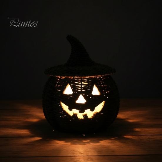 Black Braided Halloween Prop Handwoven Pumpkin Basket with Witch Hat Lid, Rustic Wicker Trick Fall Housewarming Gifts or Treat Bucket for Indoor