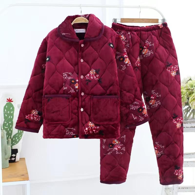 Middle Aged Elderly People Coral Velvet Pajamas Suit Winter Three Layer Thick Warm Women Plush Cotton Jacket Pants Two PCS Women