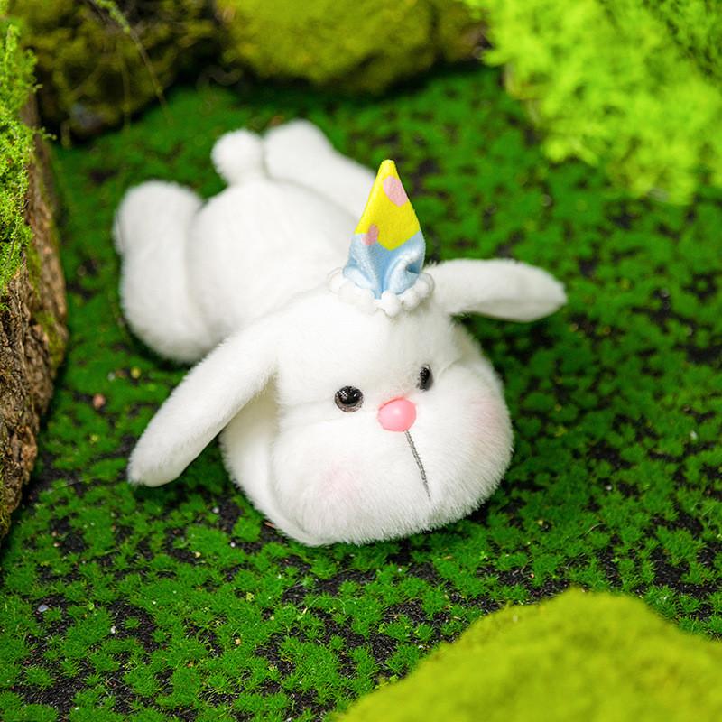 Birthday Hat Cute Prone Posture Rabbit Plush Doll Toy For Desktop Decoration