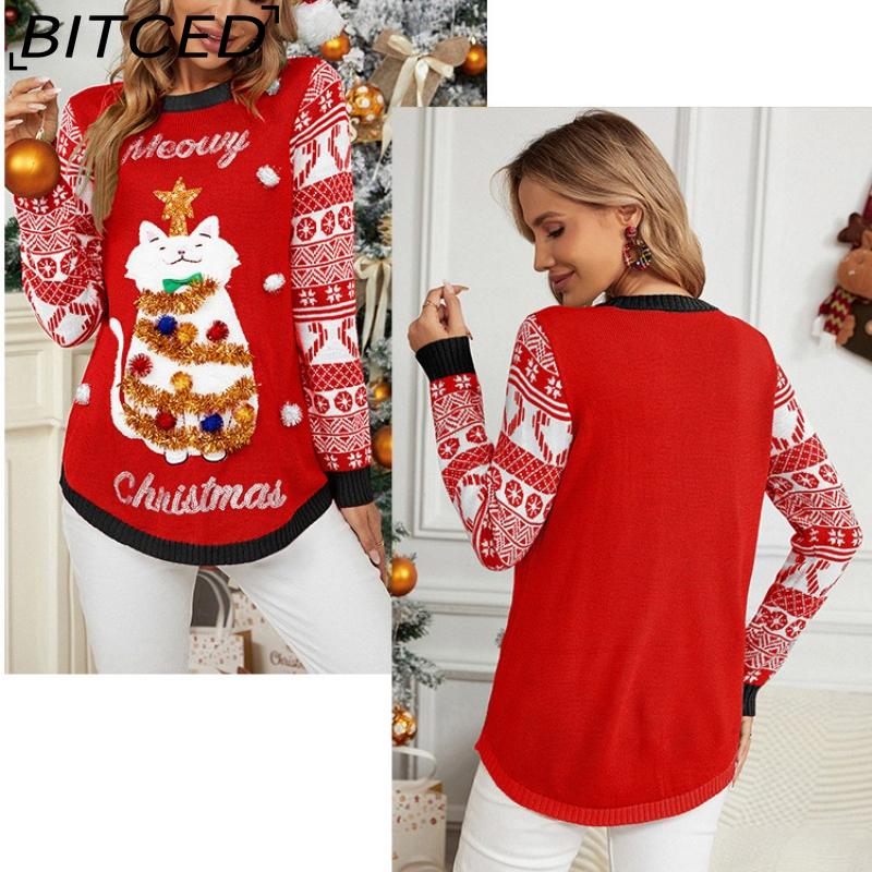 BITCED Autumn/Winter Jacquard Pullover Christmas Sweater with Cartoon Kitten Embroidery Red Knitwear