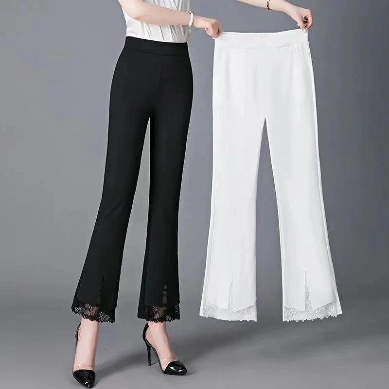 2025 Lace Trim High-Waisted Stretchy Micro-Flare Pants – Women's Fashionable Slimming Nine-Tenths Length